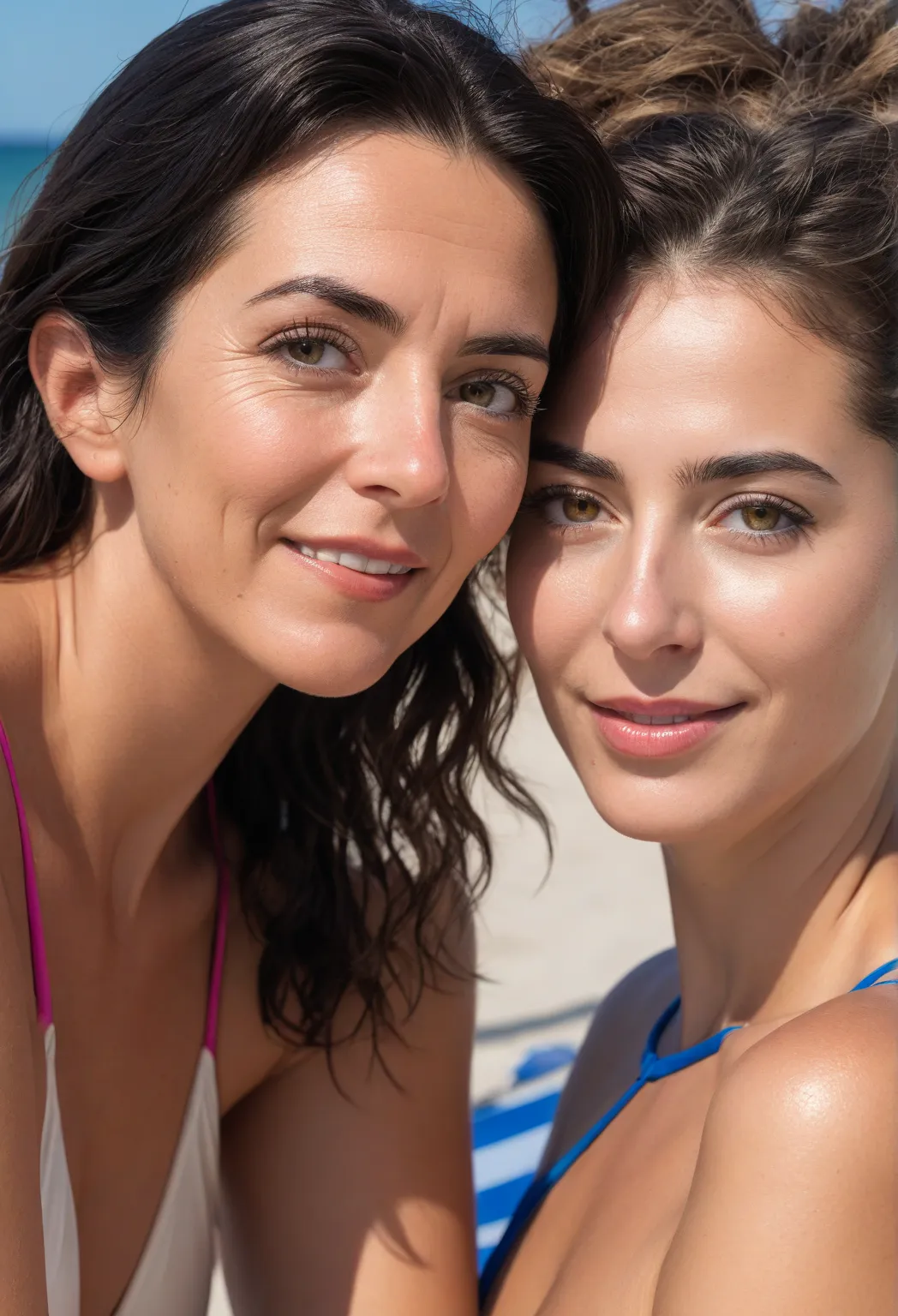 Photo of two ordinary Spanish women same family, mother and daughter. Duo focus. [53-year-old nudist mother] BREAK her [28-year-old young woman daughter wearing conservative swimsuit]. BREAK At the beach chatting together in a summer vacation setting. zoom...