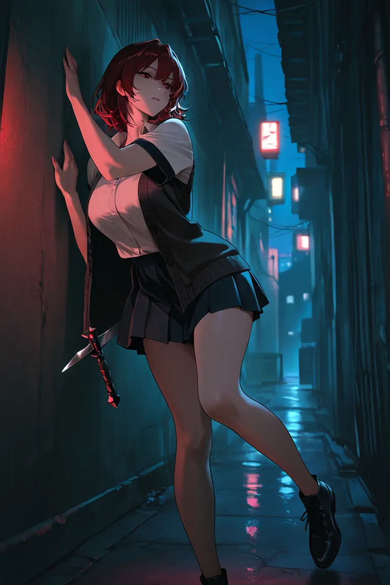 beautiful villain girl, dark red hair, dark eyes, in an alley, attractive, top quality, masterpiece, cinematic shot, night time, dark ambience, dynamic pose, mysterious, bedroom eyes, wearing a layered short sleeve cardigan, has a short sword