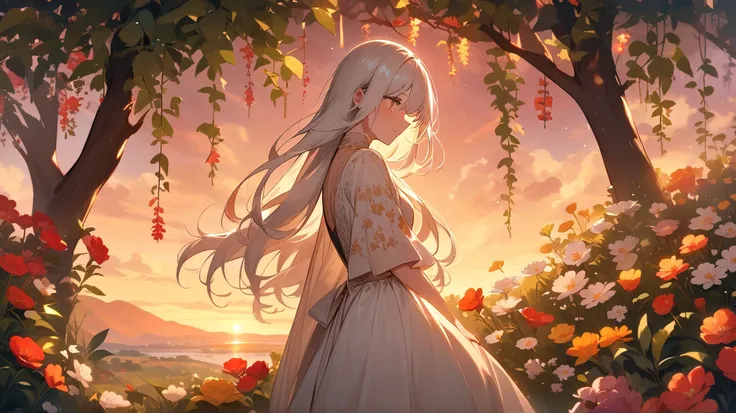 
A girl with white hair, with flowers blooming all around her.