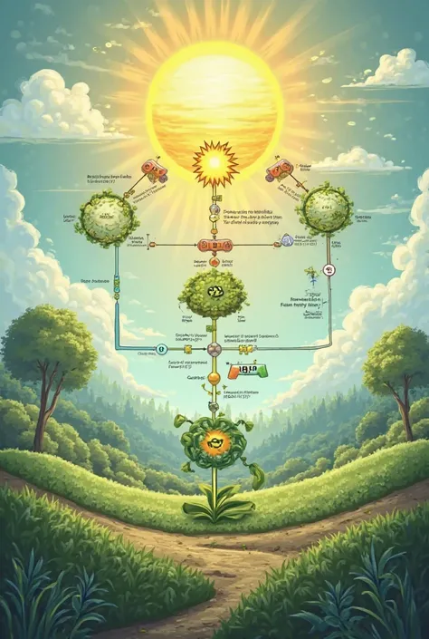 Diagram showing the link between sun, photosynthesis, glucose, and atp