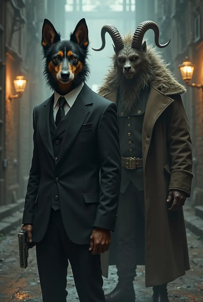 The dog Guarumo dressed as a hit man next to Mr Ben with goat horns 