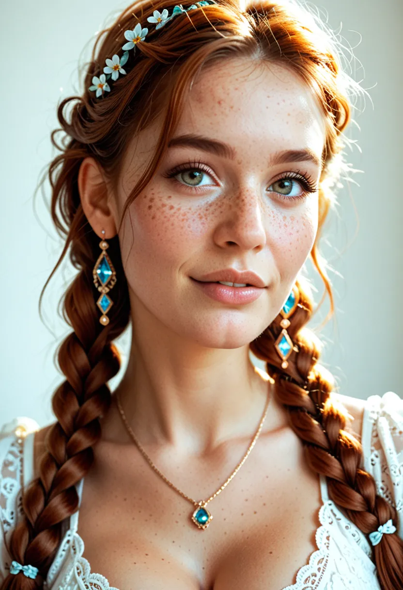 Pippi Longstocking, braids, freckles, cleavage, stunning, beautiful face, highest quality, 4k,
