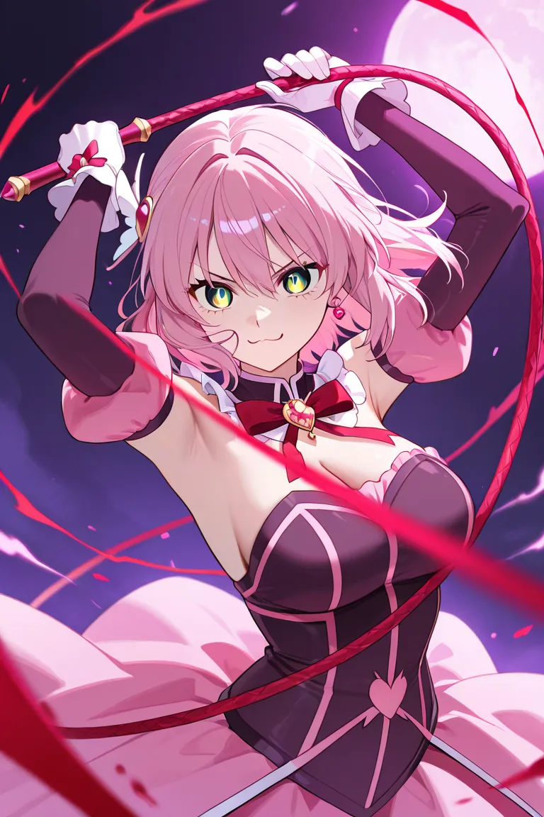 38 years old、1 woman, slender, sharp eyes when hanging up,pink hair、big breasts,  red ribbon,  green eyes、 whip、Magical Girl's costume、The costume is snappy