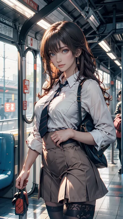 A long-haired anime girl is walking on the train platform,  Fleet Collection Style , Railgun, Konpeki no Kantai , fleet this アーケード, fleet this, Makoto Shinkaiスタイル, cute girl anime visual, Makoto Shinkaiのアートスタイル,  beautiful anime schoolgirl , anime style 4k...