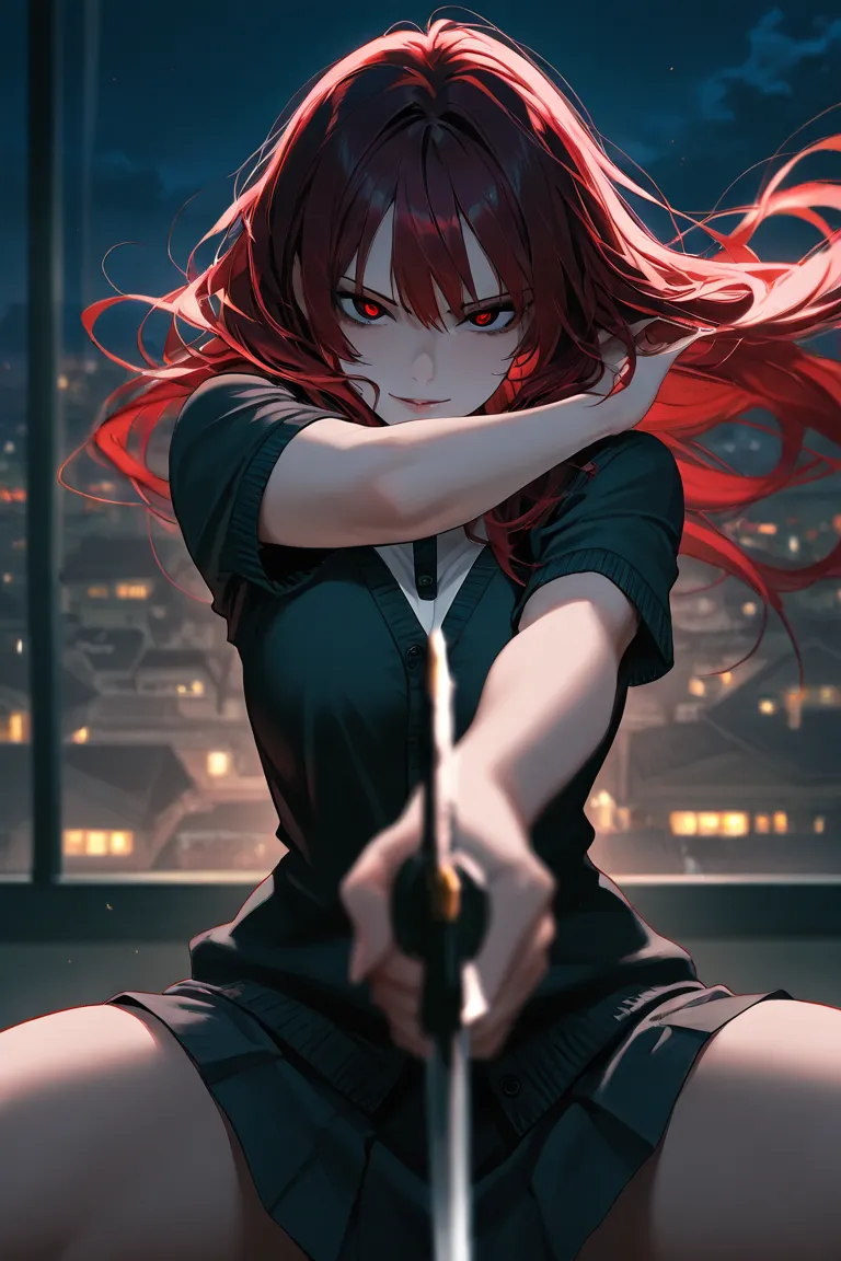 beautiful villain girl, dark red hair, dark eyes, attractive, top quality, masterpiece, cinematic shot, night time, dark ambience, dynamic pose, mysterious, bedroom eyes, wearing a layered short sleeve cardigan, has a short sword