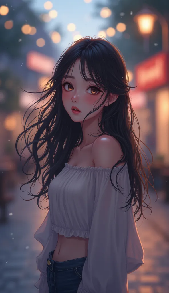 A dreamy anime-style illustration of a 24-year-old woman standing on a quiet city street in the evening, watching her friend from a distance. Her eyes are soft and thoughtful, her cheeks faintly blushing as she realizes her feelings are changing. The city ...