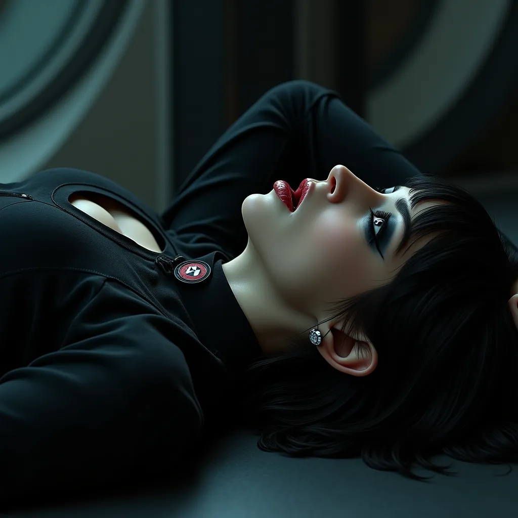 
a sexy neck strangling with hands by a strangler man dark gothic woman of the interplanetary gothic fleet,ordinary uniform with black bodice with fleet insignia,gothic makeup, middle short hair in dark gothic style, dark gothic appearance,visible sexy  le...