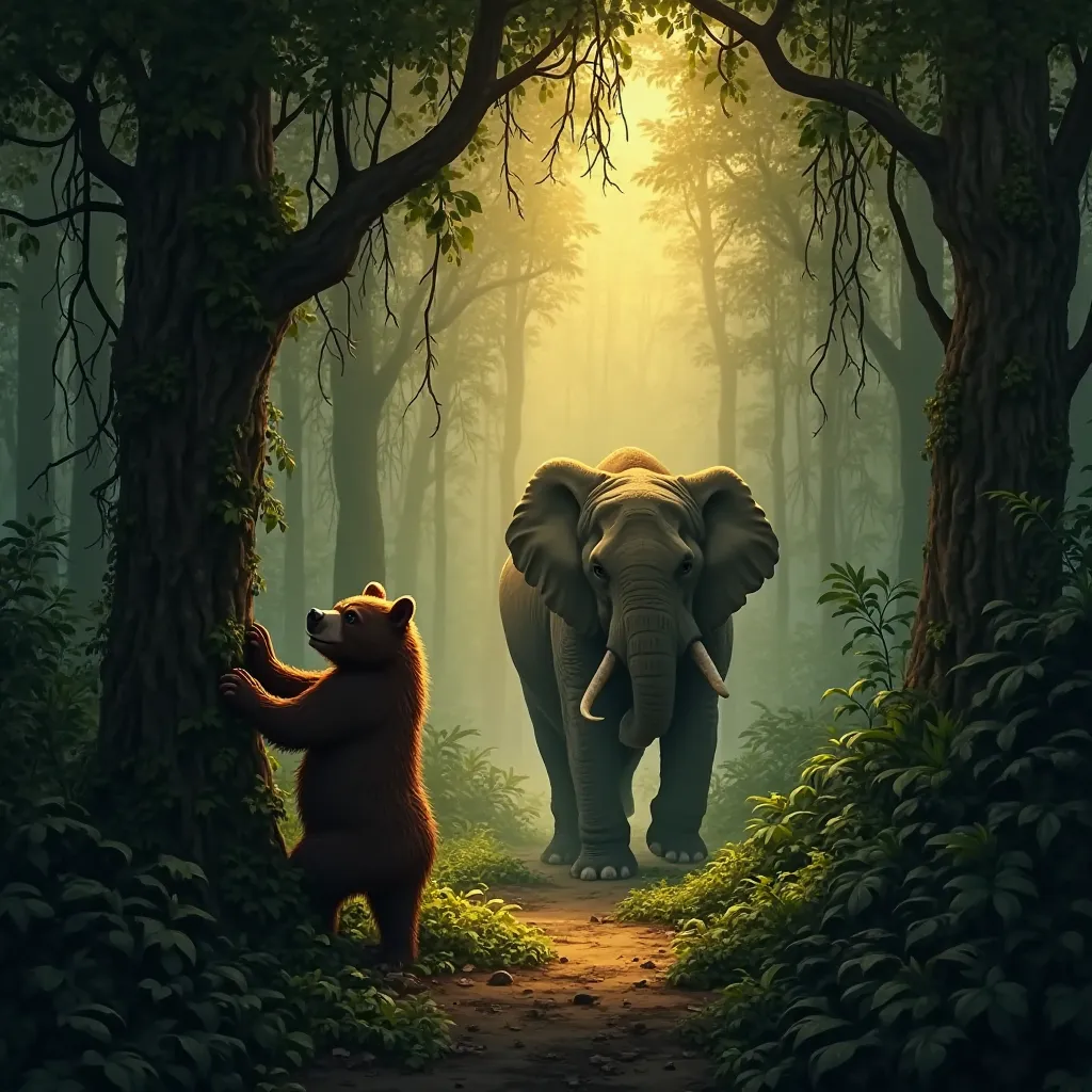 ""Create a dense jungle where a bear and an elephant coexist. The bear should be clawing at a tree, searching for food, while the elephant walks calmly in the background, its massive form casting a long shadow. The background should feature towering trees,...