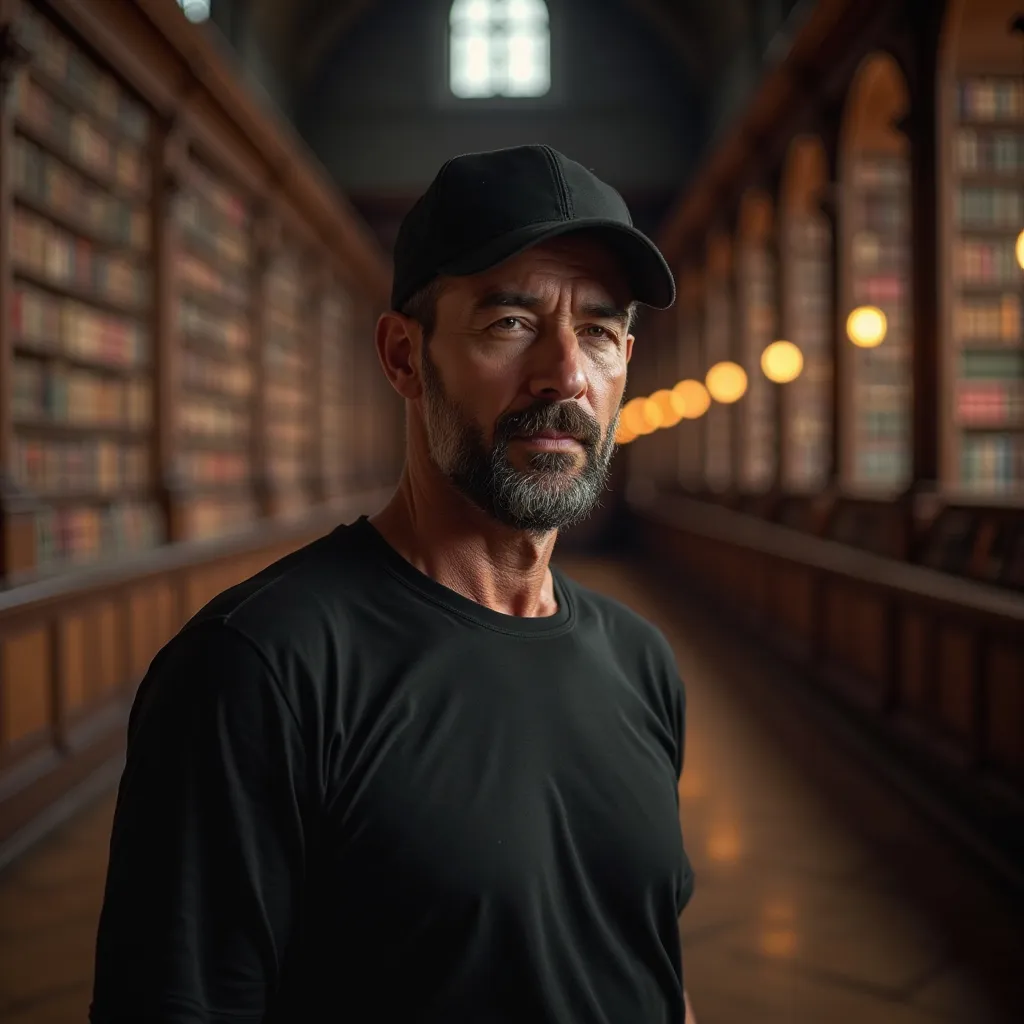 a highly detailed realistic portrait of a 40-year-old man wearing a black baseball cap, with a medium-length beard,wearing a black shirt, standing half-turned, neutral expression, sharp focus on face, set against an expansive interior of a grand library, w...