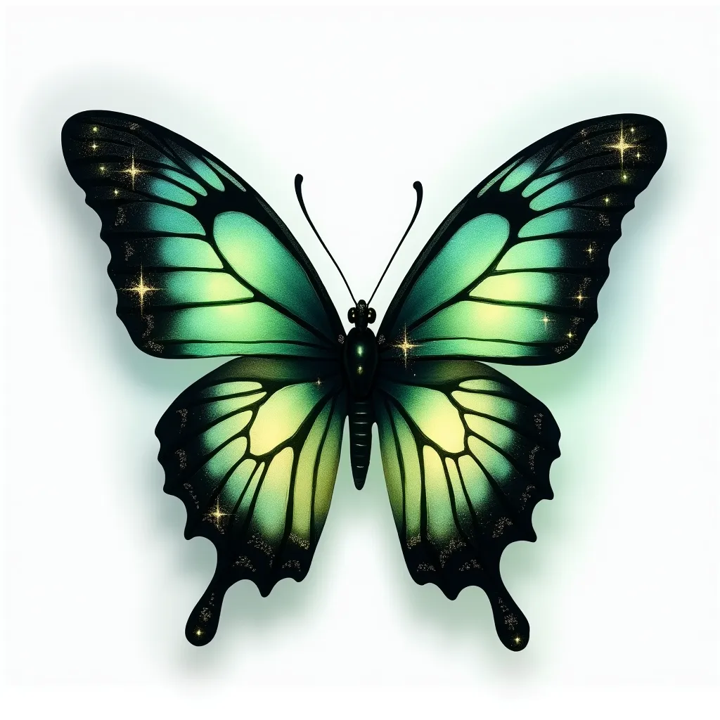 "Create a vibrant, -inspired butterfly with wing details. The wings should feature a striking blend of black and green hues with a gradient effect, accented with delicate sparkles and glowing.The butterfly should have a soft, glow, and the background shoul...