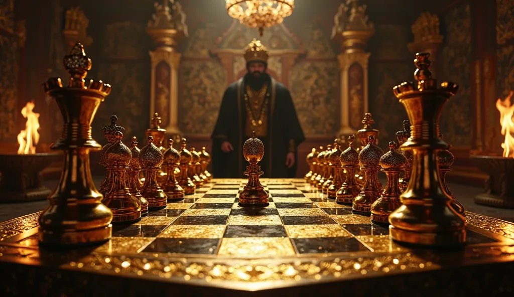 A dimly lit, ancient Nepali royal chamber richly adorned with authentic Nepali furniture, intricate golden carvings, and traditional Nepali god symbols on the walls. In the center stands a magnificent golden chessboard with each chess piece crafted from pu...