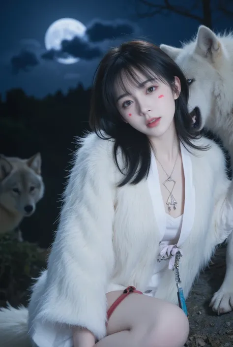 Background → moonlit forest and cliffs at night　Blurred composition　Background → cliff top　：：　big white wolf　Person → a wild and charming young woman from the olden days wearing white wolf fur with a short black bob　red triangle mark on cheeks　I'm wearing ...