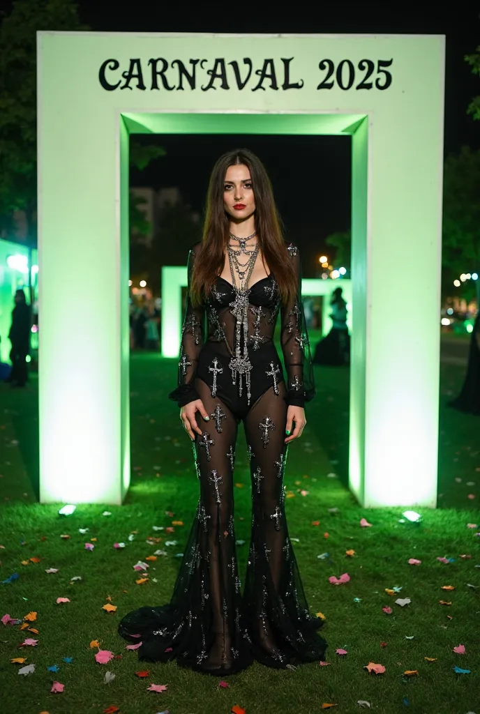  20-year-old woman Alessambrosio , oval face,  Full Bright Lips  ,  straight hair brownie The dress in the image is a jumpsuit (jumpsuit) fitted in semi-transparent fabric with a gothic and elegant design. It is black in color and is decorated with multipl...