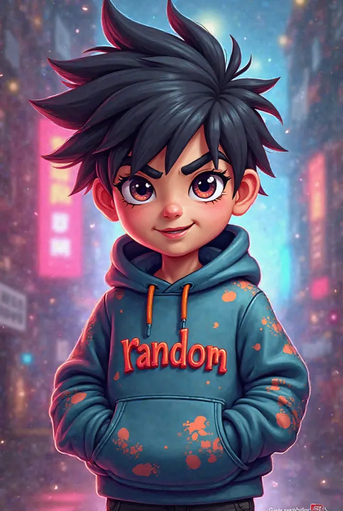 Create me a mascot logo where the mascot is a gamer boy with black hair wearing a sweatshirt and underneath it has the letters “RANDOM”