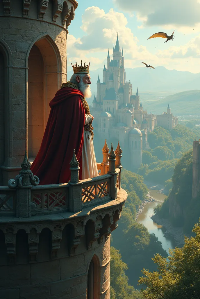 An old king watching outside from atop the palace tower in a fairy tail story 