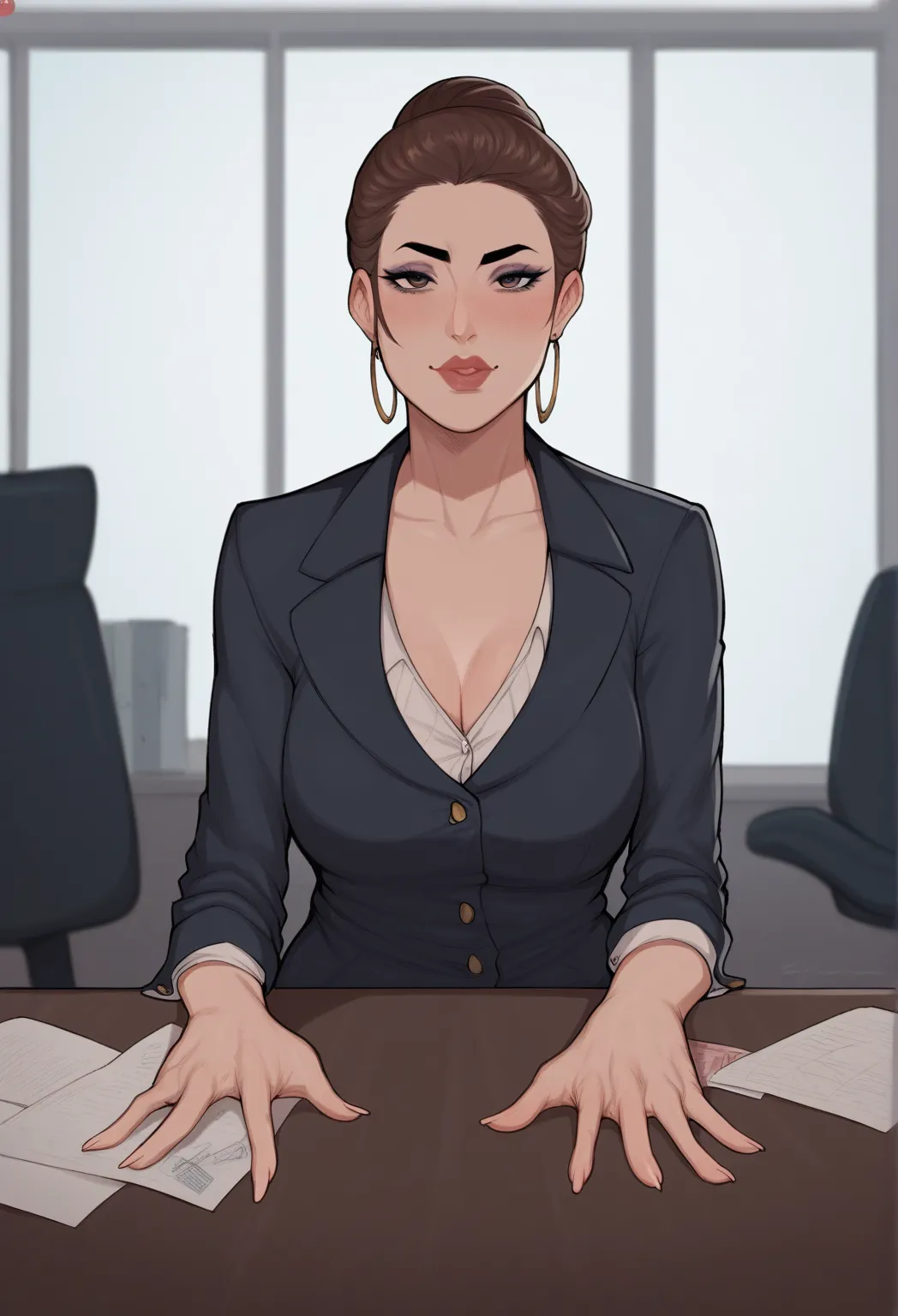 score_9, score_8_arriba, score_7_arriba, score_6_arriba, score_5_arriba, score_4_arriba, mature businesswoman sitting in the office looking at the viewer and seeing a penis