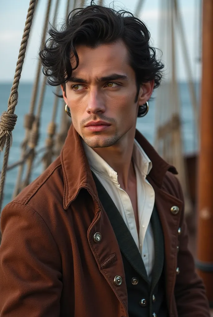 Handsome young man with amber eyes and slightly long black hair wears a small hoop in his left ear, he wears elegant clothes from 1830, his body is athletic and attractive, he is supported by the railing of a ship of the time. 