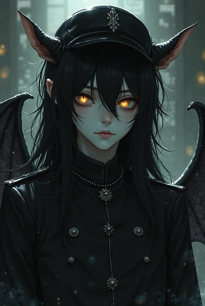 Anime,1boy, 16 old years, solo, male , demonic , Kuroshitsuji, pale, long black, hair carbonated , military uniform , diabolical uniform, military cap, human human pointed ears, golden eyes cat pupils, bat wings.