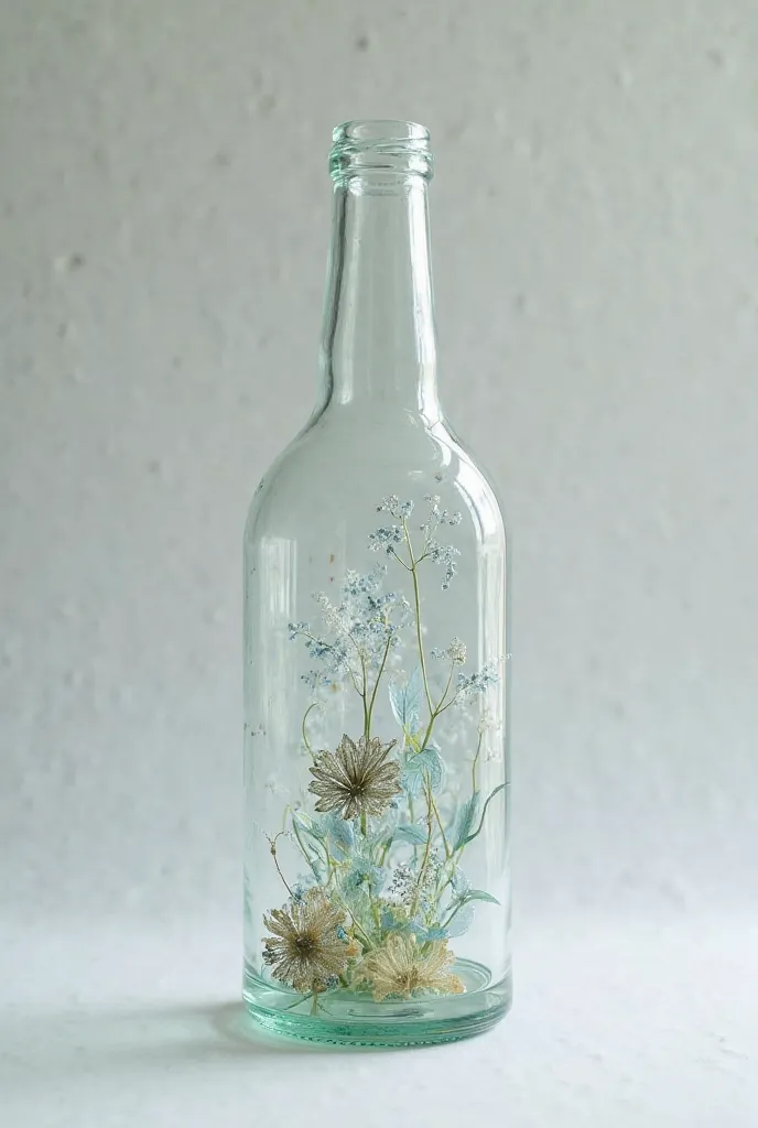 A clear glass bottle with hypoxy resin creations inside
