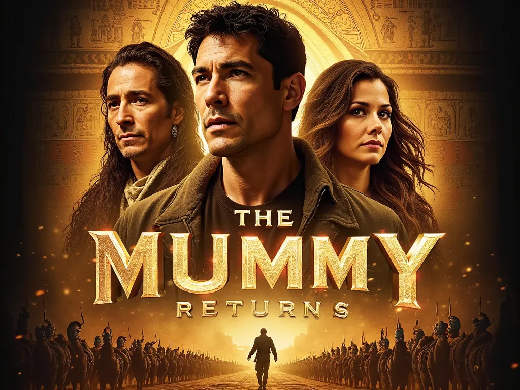 "An adventurous action-fantasy movie poster for The Mummy Returns featuring Brendan Fraser as Rick O’Connell and Rachel Weisz as Evelyn Carnahan in the center, their expressions filled with determination and mystery. Surrounding them are key characters: Ar...