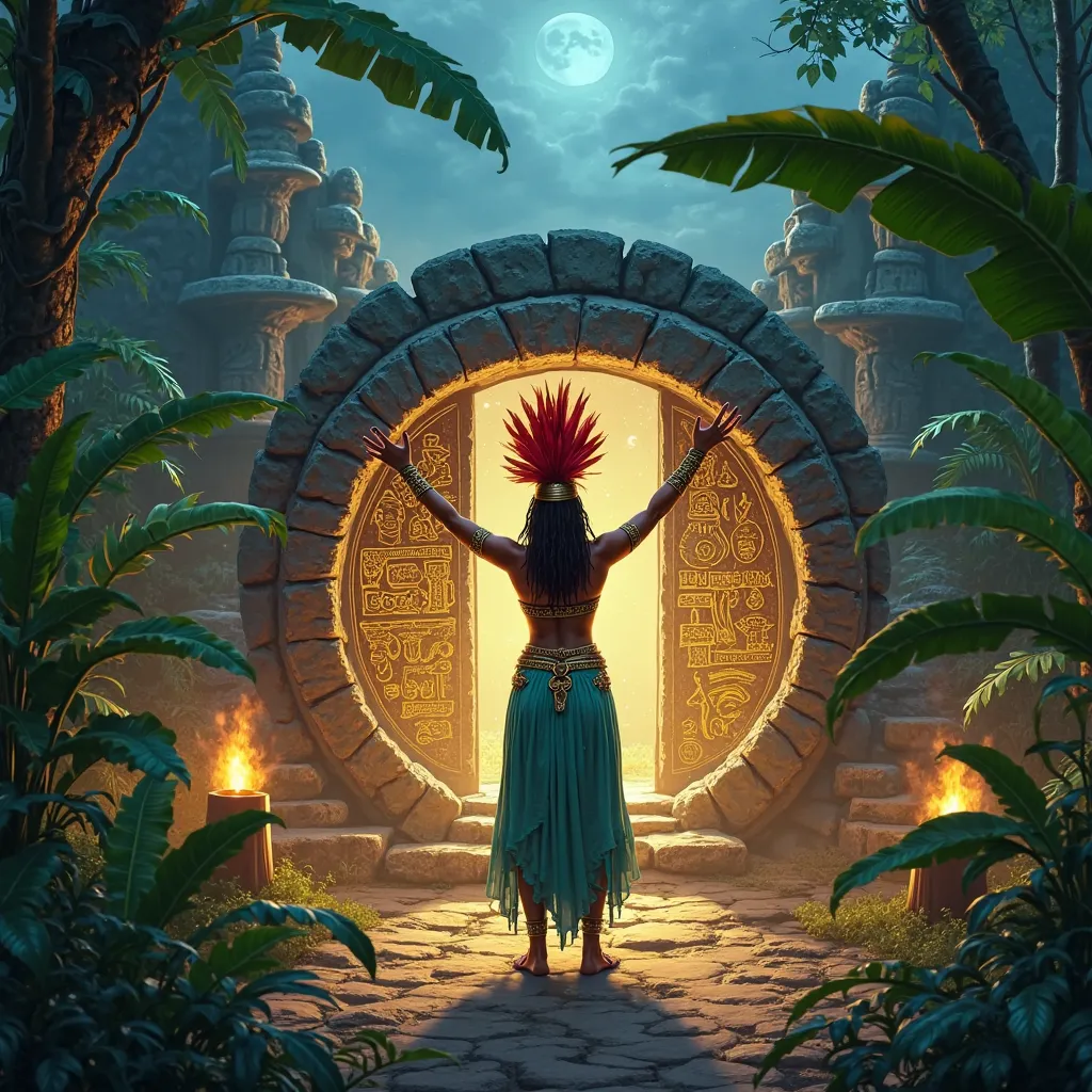 A mystical ancient temple hidden deep within a lush jungle, illuminated by torches casting a warm golden glow. A powerful Aztec warrior queen, dressed in a vibrant turquoise outfit with golden accents, stands at the entrance of a massive circular stone doo...