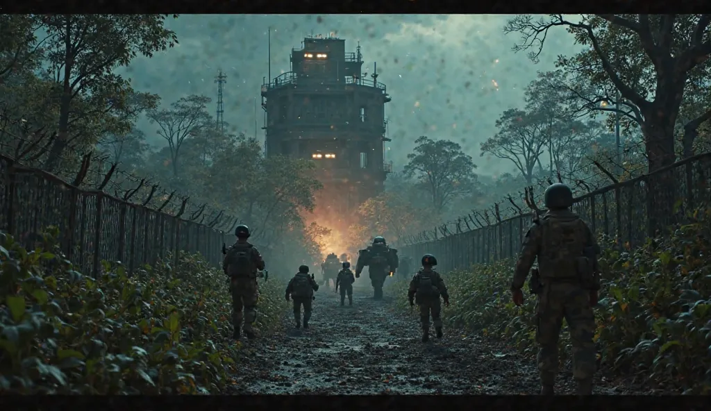 Scene 7: Silent Infiltration

The enemy's base looms like a metal fortress within the heart of the jungle — barbed wire fences, watchtowers scanning the dark. Searchlights cut through the shadows. Soldiers patrol with fingers on triggers.

A single roar br...