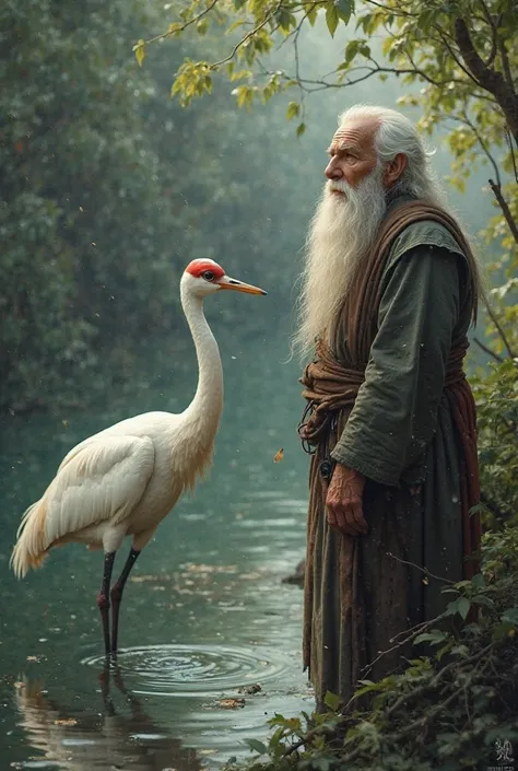 White-bearded old man watches a crane