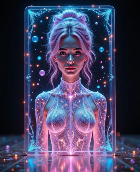 Create a close-up image of a transparent crystal playing card depicting a mysterious and captivating lady, inspired by the style of Monica Jovem Gang with a hyper-realistic twist. The lady, Isla, is dressed in an intricate outfit made from rare black gossa...