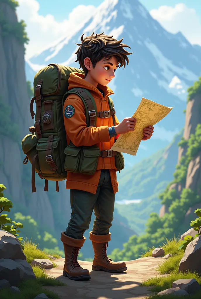 James is wearing a backpack and holding a map.