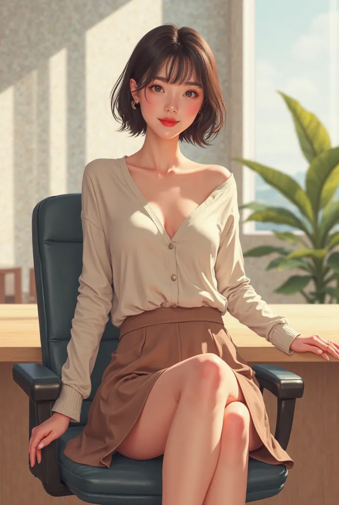 Korean in their 20s wearing a loose V-neck knitwear and H-line skirt, sitting on an office desk with cross-legged short hair, white woman with cute face, 2D animation character, glamour body