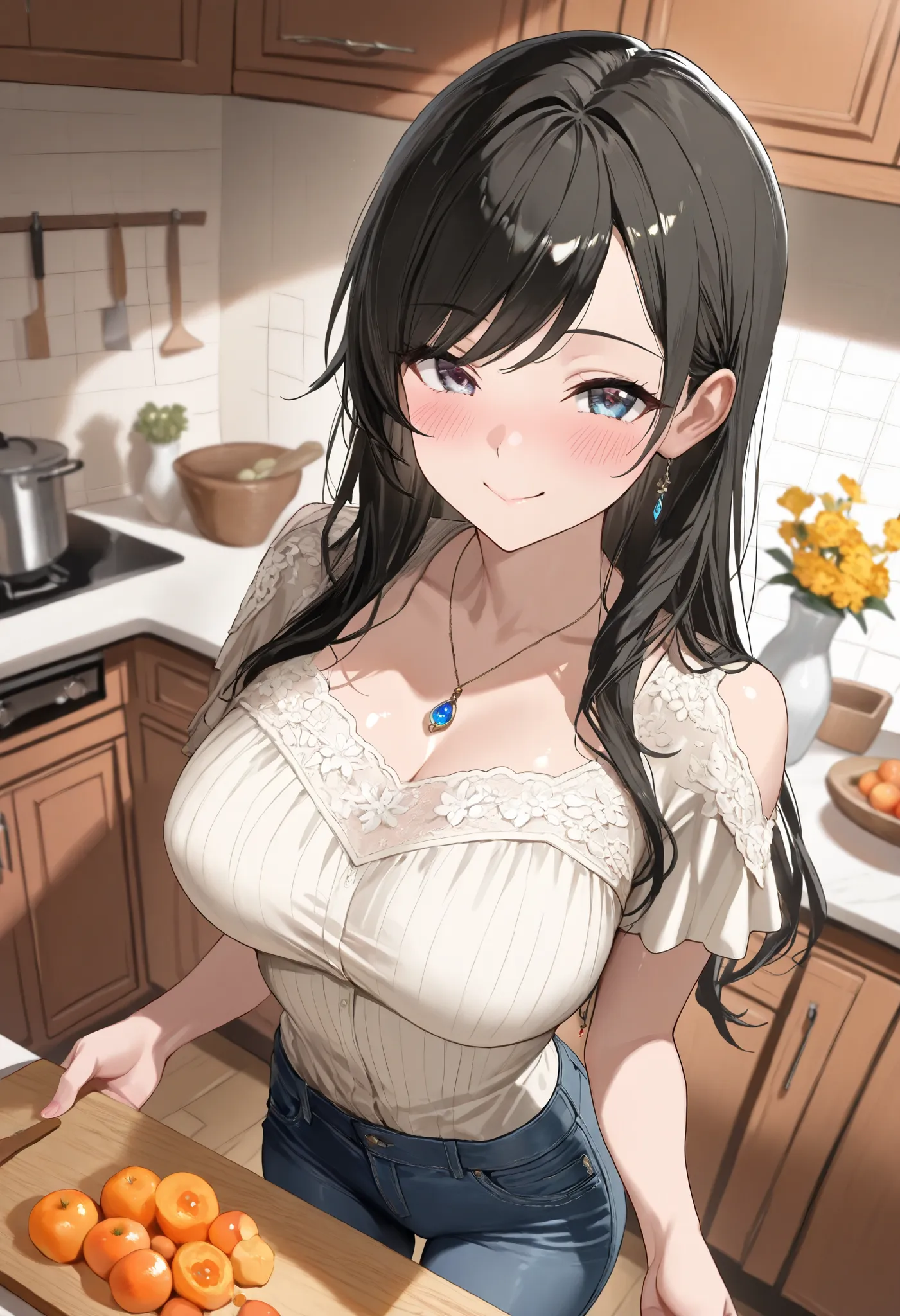 (best quality, masterpiece, ultra detailed, high resolution), Beautiful 8K CG artwork, Enriched photography, anatomically accurate body, depth of field,  1girl, elegant yet sexy girl, (long hair, black straight hair, swept bangs), 
round large breasts, bre...