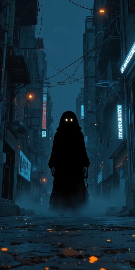 "A mysterious figure cloaked in darkness, barely visible except for two piercing, glowing eyes. The figure stands silently in a dimly lit alley, fog swirling around its feet. The neon lights of a futuristic city flicker in the background, creating a cyberp...