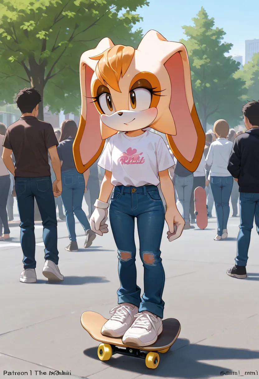 a group of a woman rides a skateboard in a crowd outside, denim, jeans, outdoors, tree, pants Vanilla The Rabbit,