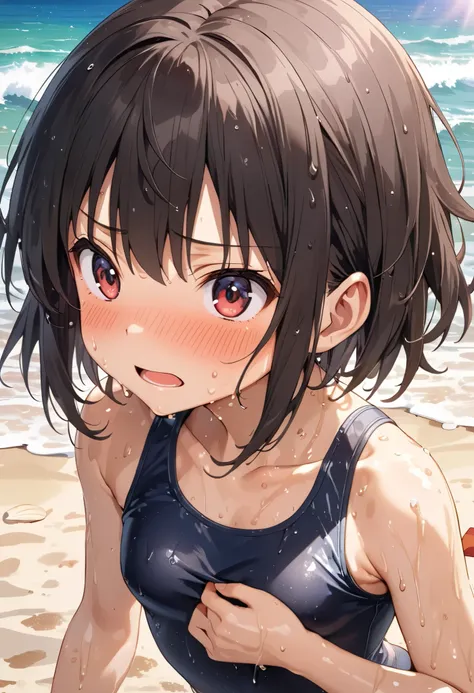 masterpiece, Best Quality, High resolution,16k,official art,super detailed skin,detailed,animated painting,,(Megumin),(konosuba), 1990s\(style\),(Small beautiful breasts of B cup),School Swimsuit,Sweating all over the body,blush、Shy、look up、(Anime-style pa...