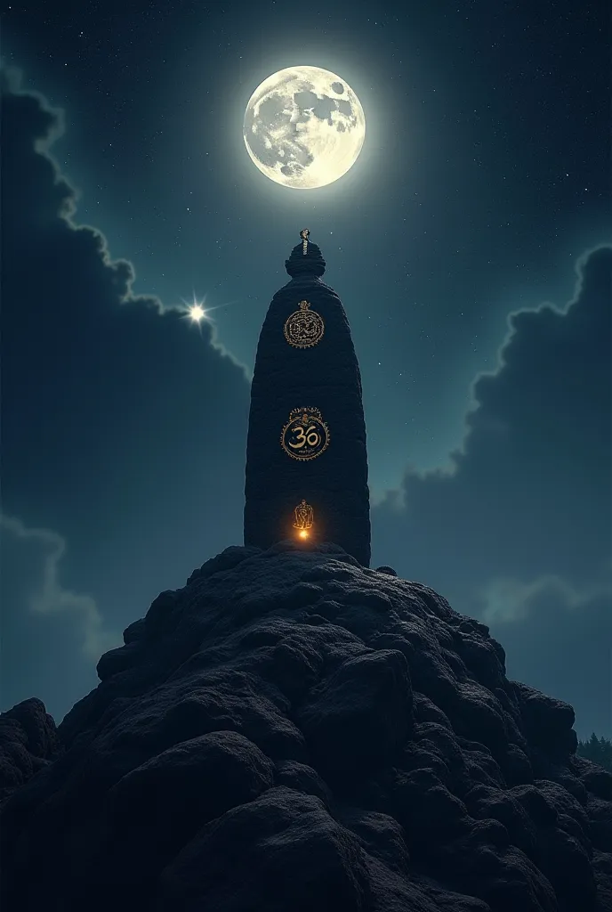 "A majestic black Shiva Lingam, adorned with sacred golden markings and the 'Om' symbol, stands atop a rocky mountain. The full moon aligns perfectly above the Lingam, glowing brightly in the cosmic night sky filled with stars and planets. The atmosphere i...