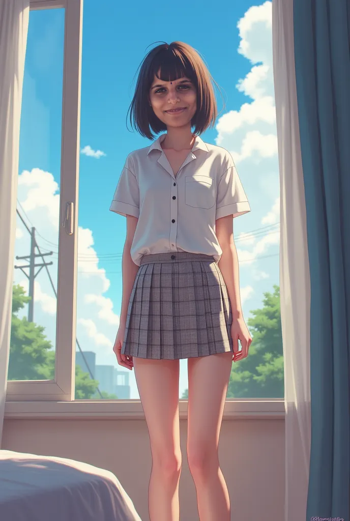     (A high school girl with an averege figure similar to 18-year-old Hara Nanoka standing in the bedroom)、 cowboy shot above her knee 、  The chest is emphasized with a short-sleeved white shirt that fits the body、Can you check the swelling of the nipples、...