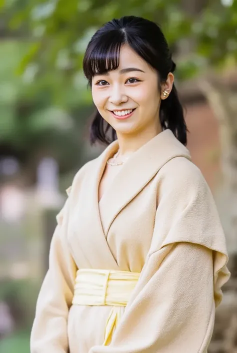   young Japanese woman 、 how、    black hair、   ear piercing、smile、  Highlight the beauty of the alignment of teeth  、girl wearing white lace bra、underwear,  ((  Top Quality , 8k,  masterpiece: 1.3)),        sharp concentration sitting on a chair outside  :...