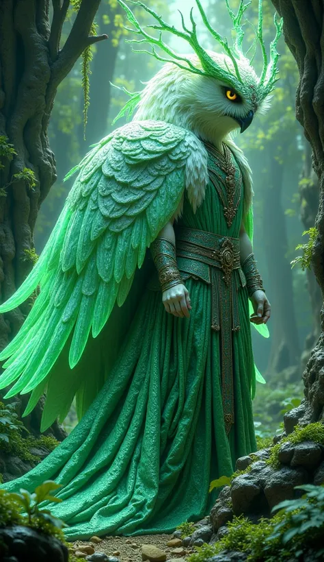 Masterpiece, very realistic, 8k Ultra HD, A wise queen in silver and green, with a tiara of crystal vines. Her guardian, a towering celestial owl with glowing runes on its feathers, watches over her. Her kingdom is a hidden utopia of ancient knowledge and ...