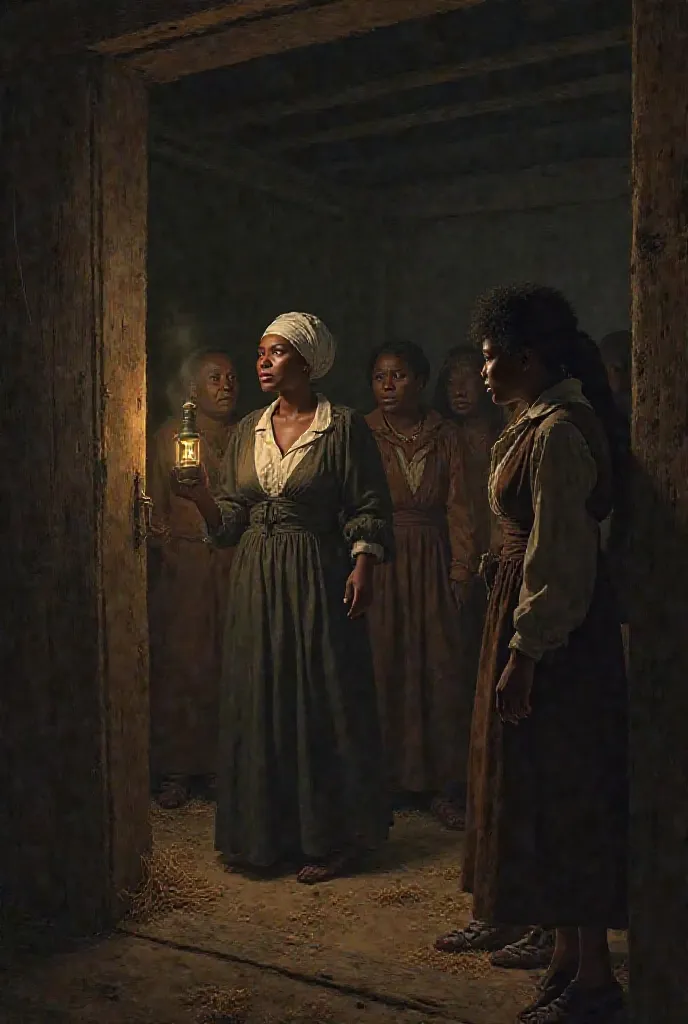 Harriet whispering directions to a group of enslaved people hiding in a barn]