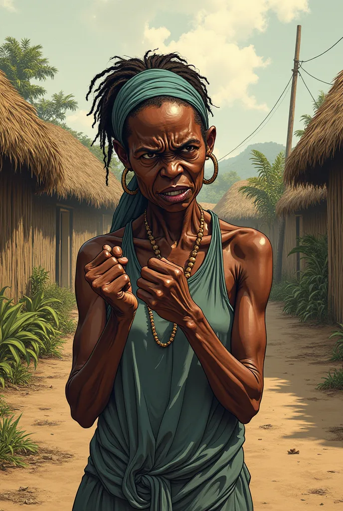 creates an image in the style of a ren's drawing about a stressed and angry African mother in her village