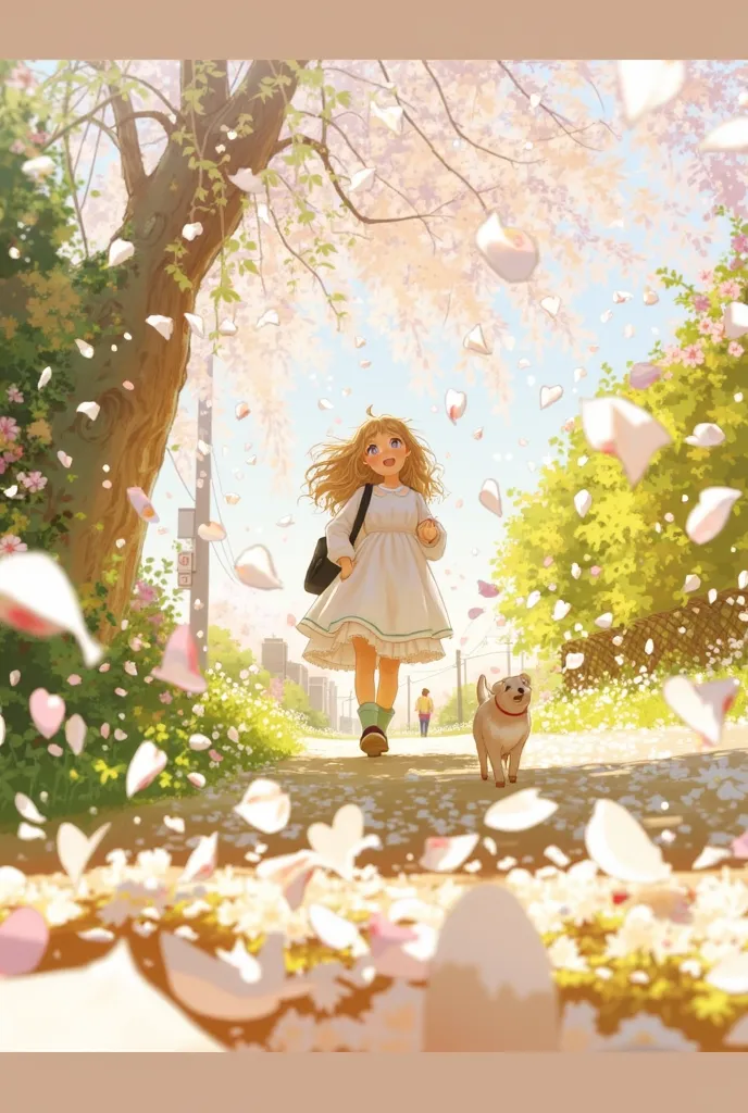 A very beautiful row of cherry blossoms and a girl in a red dress and a girl in a blue dress laughing、through the village。The blue girl has a little puppy walking beside、glasses、傍には小さな子犬もthrough the village。The cherry blossoms are scattered、A scene where t...