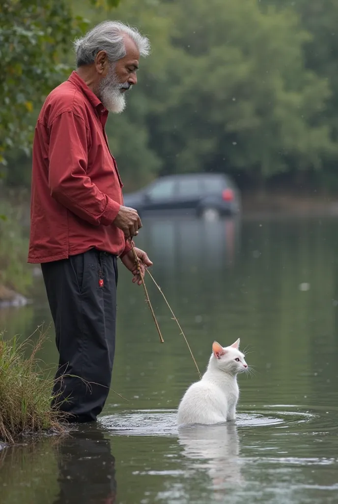 Rahim is 's old.
He wear red shirt and black pant,
He waking in river side, suddenly he sow,
 A cat is floating in the water.the cats colour white.
Image background blur with black car. Image colour real stick