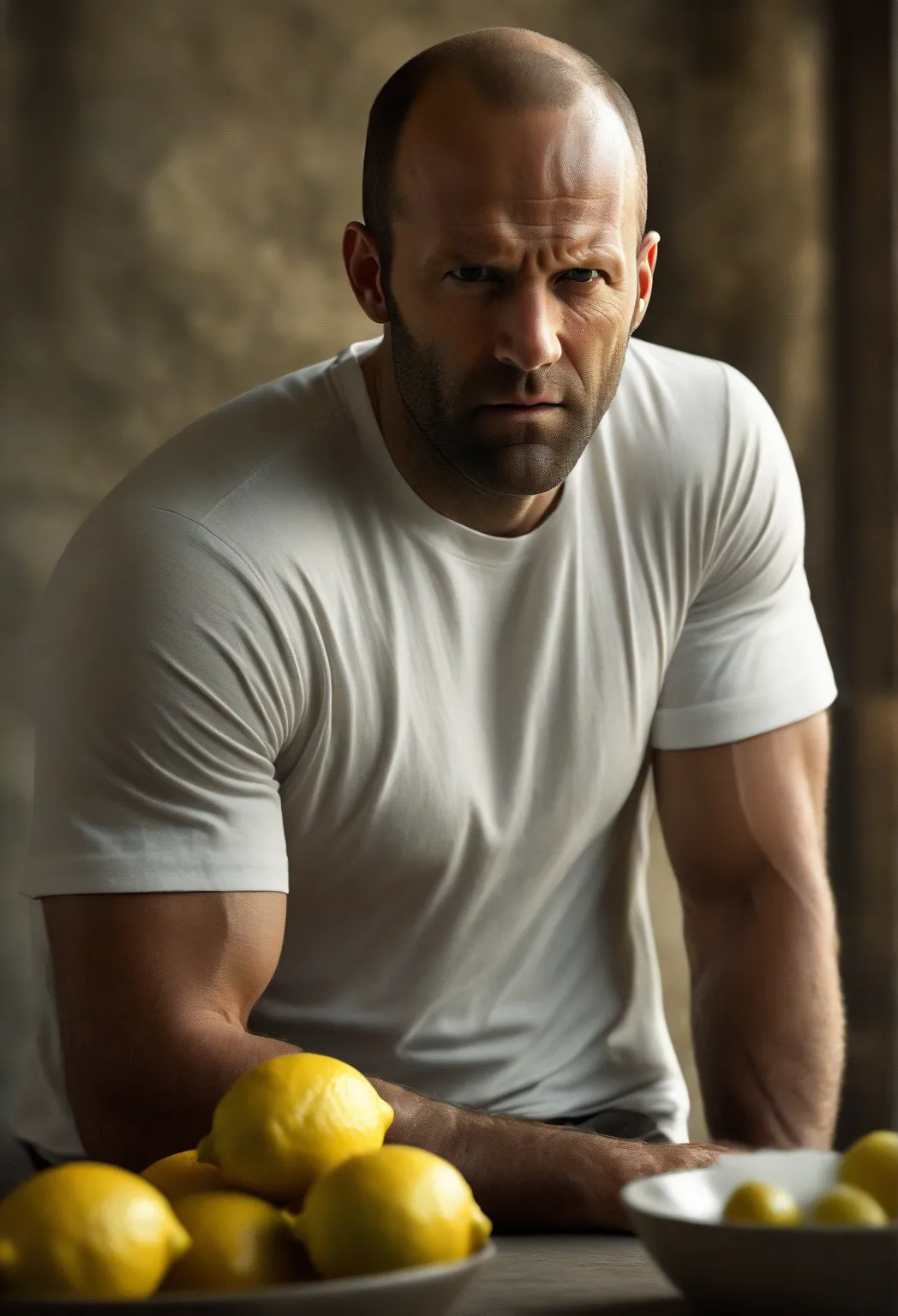 Jason Statham, white t-shirt, Bite a lemon, confident expression, close up on lemon, raw kitchen background, sharp focus on lemon, chiaroscuro lighting, composition that recalls the style of Caravaggio, photorealistic quality similar to Beeple's digital re...