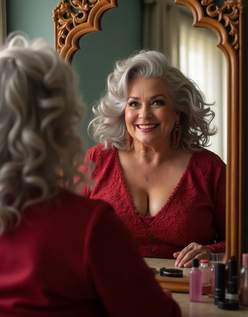 an older woman, 80years old, older, 1 plus size model, chubby, sexy and hot, silver stylish hair, big and rounded huge boobs, big hips, fashion model, very wrinkled face and body, bold makeup, smile, huge hips ,huge ass, wide hips, wide thigh, huge thigh, ...