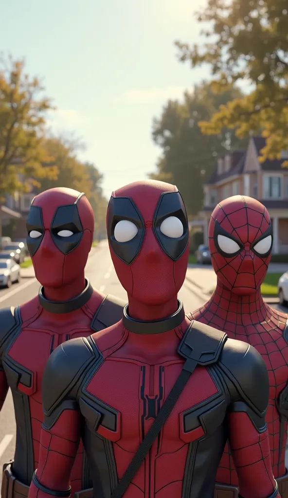 **"Create a semi-realistic 3D image, zoomed in on the faces of Deadpool, Captain America, and Spider-Man, standing together in the middle of a quiet suburban street during daylight. Their expressions are a mix of shock and surprise as they react to somethi...