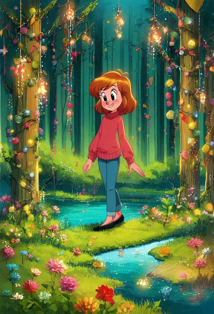 girl, Ultra high resolution, sweater,  jeans, decorations,  blush, the forest, pond,  flowers,  Sunny, 8 k,  Masterpiece , better quality, high quality, intricate details, maximum quality, Disney style,