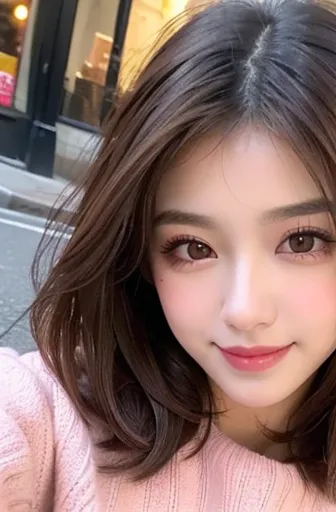  pretty girl、20 years old、 Spanish、straight hair(brown hair、short bob)、 dark makeup( Brown Eye Shadow 、Coral pink blush)、 I'm wearing a warm sweater、Double eyelids、Yo's bright smile、so cute、European Streetscapes、selfie