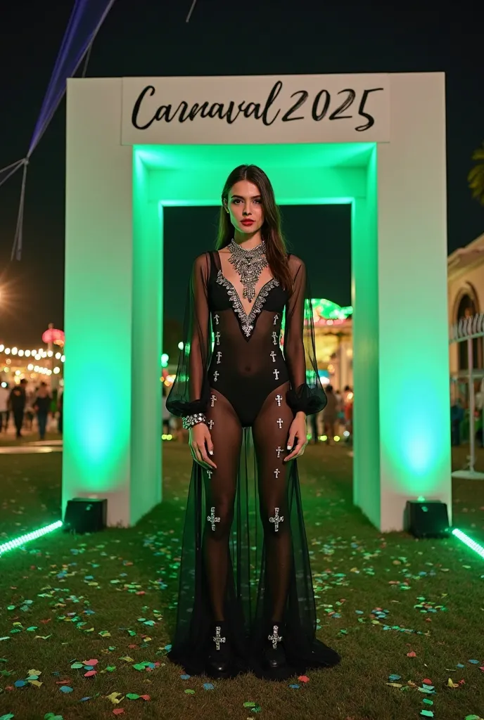  20-year-old woman Alessambrosio , oval face,  Full Bright Lips  ,  straight hair brownie The dress in the image is a jumpsuit (jumpsuit) fitted in semi-transparent fabric with a gothic and elegant design. It is black in color and is decorated with multipl...