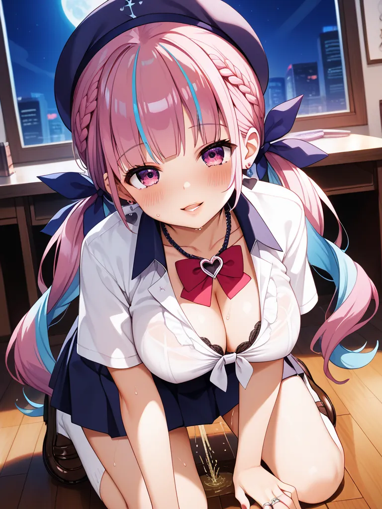 long_hair,breasts,blush,looking_at_viewer,smile,open_mouth,bangs,large_breasts,eyebrows_visible_through_hair,shirt,ribbon,long_sleeves,cleavage,twintails,blue_hair,purple_eyes,collarbone,hair_ribbon,purple_hair,braid,short_sleeves,white_shirt,sweat,thighs,...