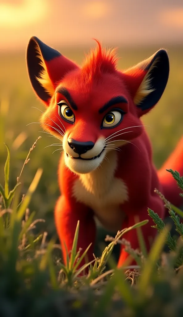 A sly fox, with cunning eyes and a mischievous grin, hides behind the bushes, watching the two lions with an evil plan in mind. (6K Ultra HD, intense storytelling, dramatic lighting, ultra-sharp details).)